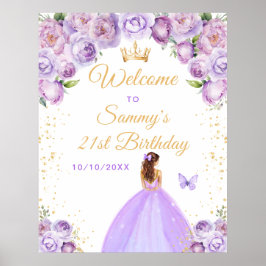 Poster Púrpura Leve Cabelo Castanho Princesa Aniversário 