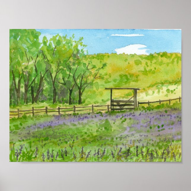 Póster Púrpura Lupines Campo Aquarela Paisagem (Frente)
