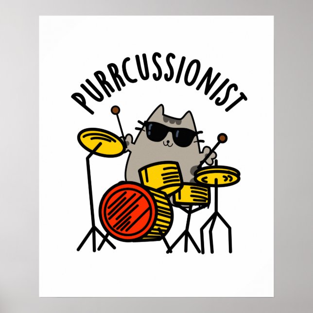 Poster Purr-cussionista Engraçado Drummer Cat Pun (Frente)
