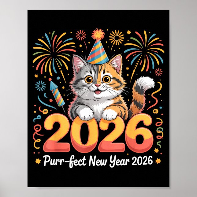 Poster Purrfect New Year 2026 Cute Cat Fireworks Celebrat (Frente)