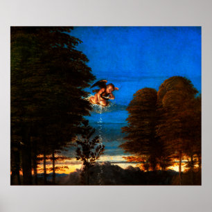 Poster Putto no céu azul joga uma cascata de flores branc