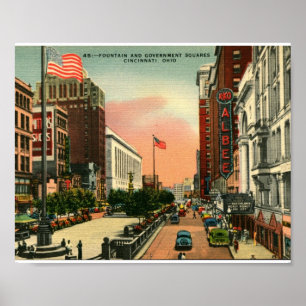 Póster Quadrado da fonte, vintage de Cincinnati, Ohio