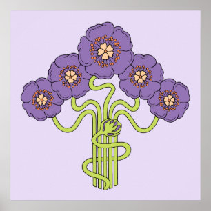 Póster Quadrado violeta de tiragem da flor de Nouveau da