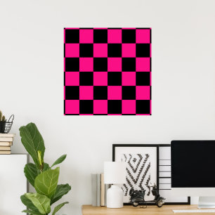 Poster Quadrados xadrez rosa quente preto geométrico retr