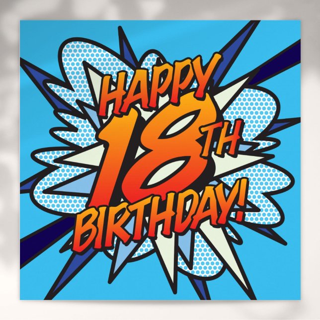Póster Quadrinhos FELIZ ANIVERSÁRIO DE 18 ANOS! azul (Comic Book HAPPY 18TH BIRTHDAY Blue Poster)