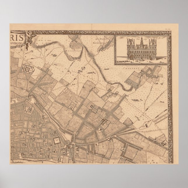 Poster Quadro 2 do Mapa Sepia de Rochefort Paris (Frente)