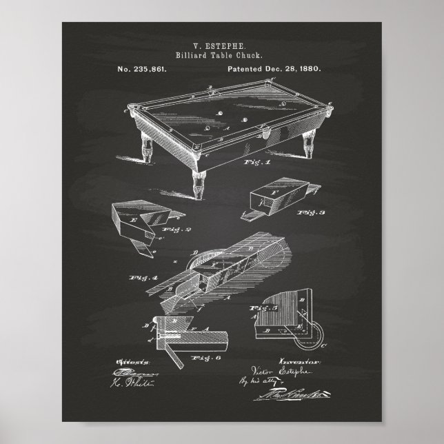 Póster Quadro de arte de patente da Mesa Billiard 1880 (Frente)