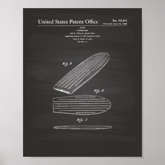 Poster Quadro de Arte Patente do Surfboard 1958 (Frente)