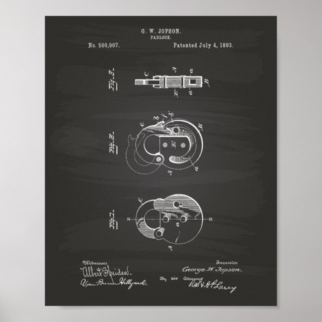 Póster Quadro de arte patenteado Padlock 1893 (Frente)