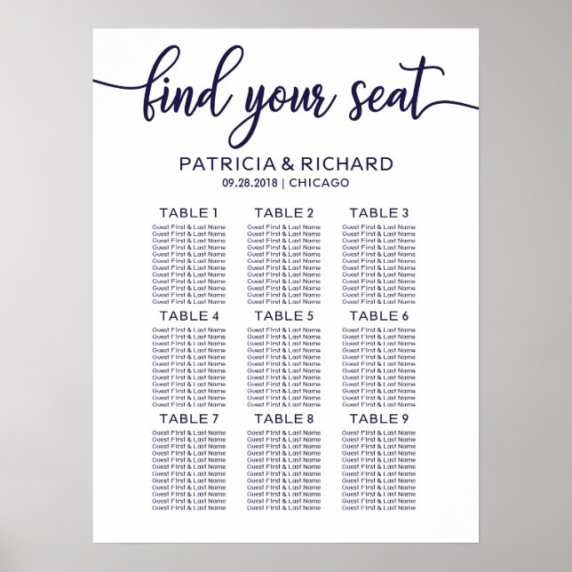 Poster Quadro de Assentos de Casamento Chic Azul-Navy (Frente)