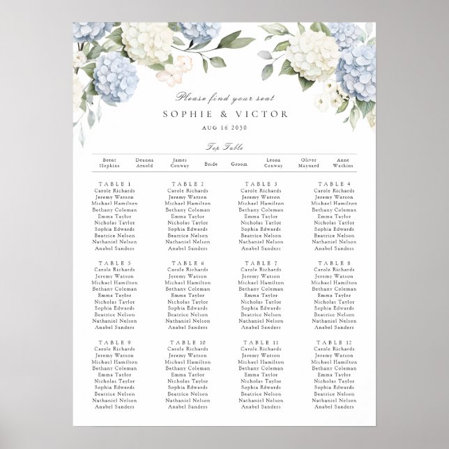 Poster Quadro de Assentos de Casamento de Mesa de Hortêns (Frente)