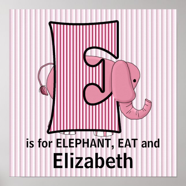 Póster Quadro de Elefante Rosa com Monograma E para Quart (Frente)