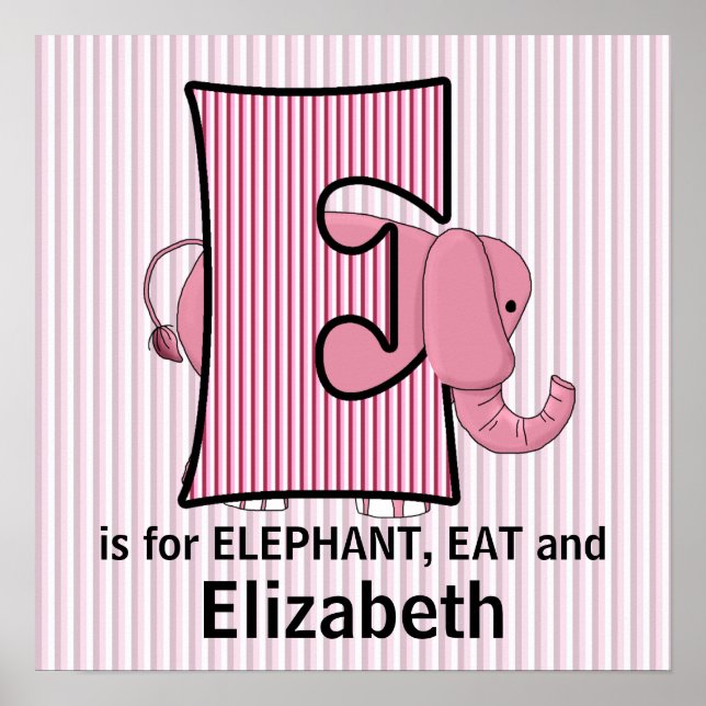 Póster Quadro de Elefante Rosa com Monograma E para Quart (Frente)