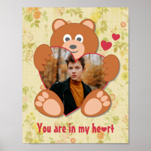 Poster Quadro de Foto do Coração do Urso Amarelo Verde Mo