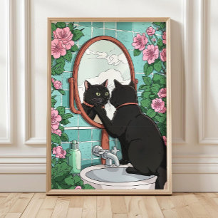 Poster Quadro de Gato Preto no Espelho para Banheiro, Jap