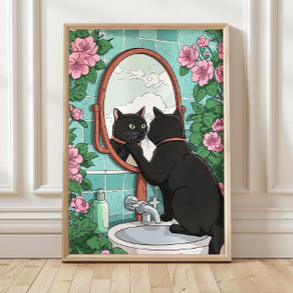 Poster Quadro de Gato Preto no Espelho para Banheiro, Jap