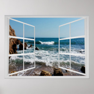 Póster Quadro de janela com a costa e as ondas rochosas