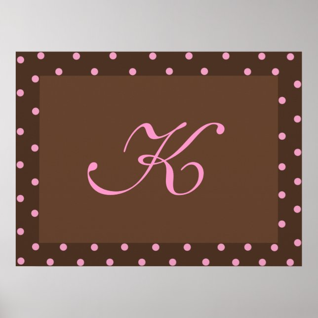 Póster Quadro de Monograma de Bolinhas Castanho e Rosa (Frente)
