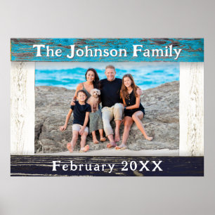Poster Quadro de Nome de Família em Madeira Azul Rústica