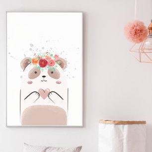 Poster Quadro de Panda Fofo com Coração Rosa e Flores em 