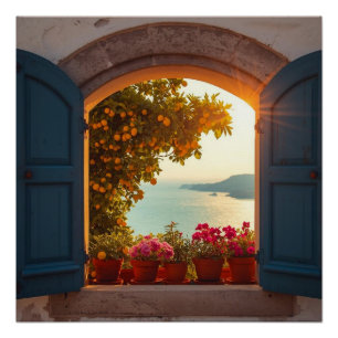 Póster quadro de vista de janela mediterrânea limoeiro co