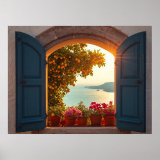 Poster quadro de vista de janela mediterrânea limoeiro co