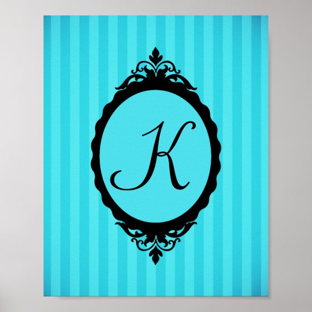 Poster Quadro do Monograma Teal e Preto (Frente)