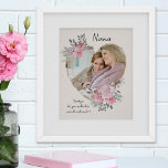 Poster Quadro Dourado de Foto do Coração Floral Rosa Nana<br><div class="desc">Poster de Foto Personalizada que você pode personalizar para qualquer pessoa e adicionar um ditado ou palavras favoritas do coração. Sua foto está definida em uma estrutura de ouro em forma de coração geométrico. A estrutura de gemstone é decorada com buquês de aquarelas de flores cor rosa. Ela é escrita...</div>