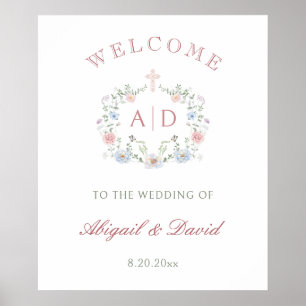 Poster Quadro Floral Casamento Religioso Monogramas Bem-v