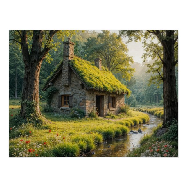 Póster Quaint Stone Cottage By a Woodland Stream (Frente)