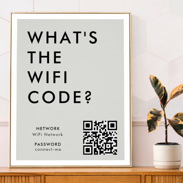 Poster Qual é o código WiFi? | Cinzas de código QR da red (What's the WiFi Code? poster print with QR code to connect seamlessly to your Wi-Fi)