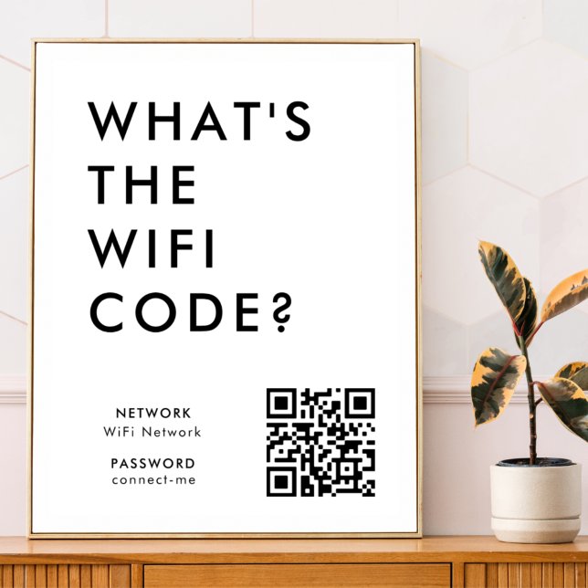 Poster Qual é o código WiFi? | Código QR de Rede Wifi (What's the WiFi Code? poster print with QR code to connect seamlessly to your Wi-Fi)