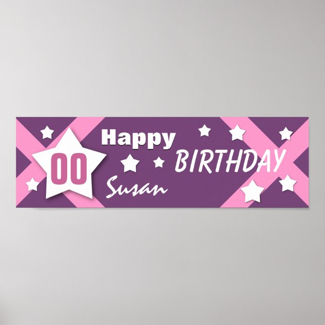 Póster QUALQUER ANO, Banner estelar estelar rosa e roxo V (Frente)