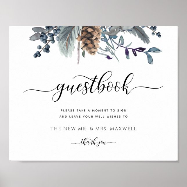 Poster Qualquer evento, Blue Rustic Floral, Guestbook Sin (Frente)