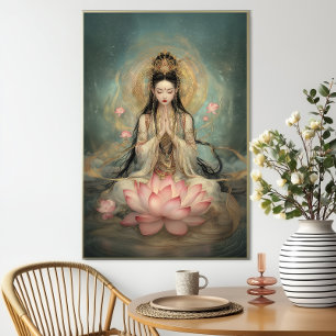Poster Quan Yin Etérea: Deusa Budista Oração do Lótus