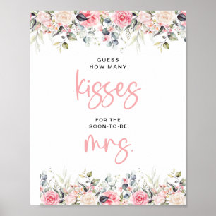 Poster Quantos Beijos Sinal de Chá de Noiva Floral Rosa