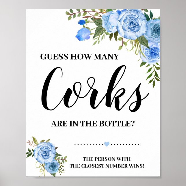 Poster Quantos Rolhas de Cortiça Chá de Noiva Floral Azul (Frente)