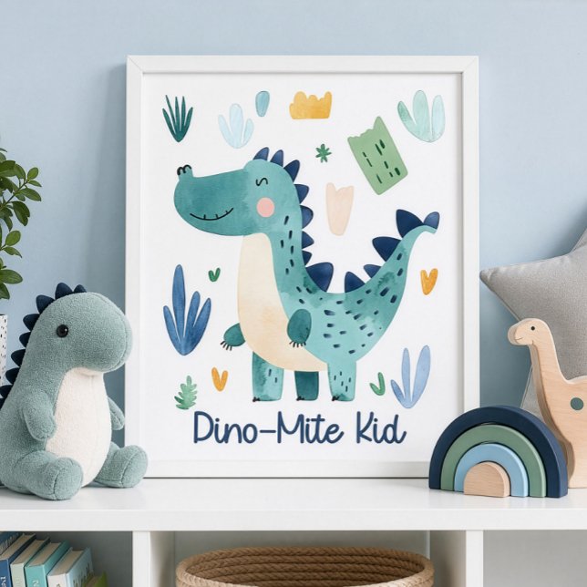 Poster Quarto de Bebê Dinossauro Azul Fofo Dino-Mite Kid (Criador carregado)