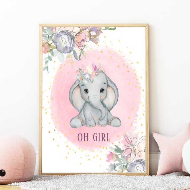 Poster Quarto de Bebê Menina Floral Rosa Aquarela Elefant (Criador carregado)