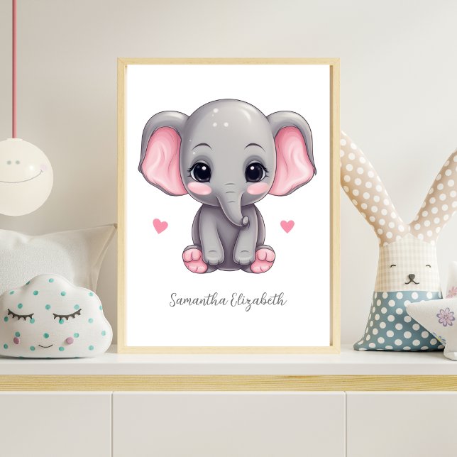 Poster Quarto de Bebê Menina Personalizado Rosa Cinza Ele (Personalized Pink elephant Nursery wall Art poster.  Baby Shower gift for baby girl. Add her name)