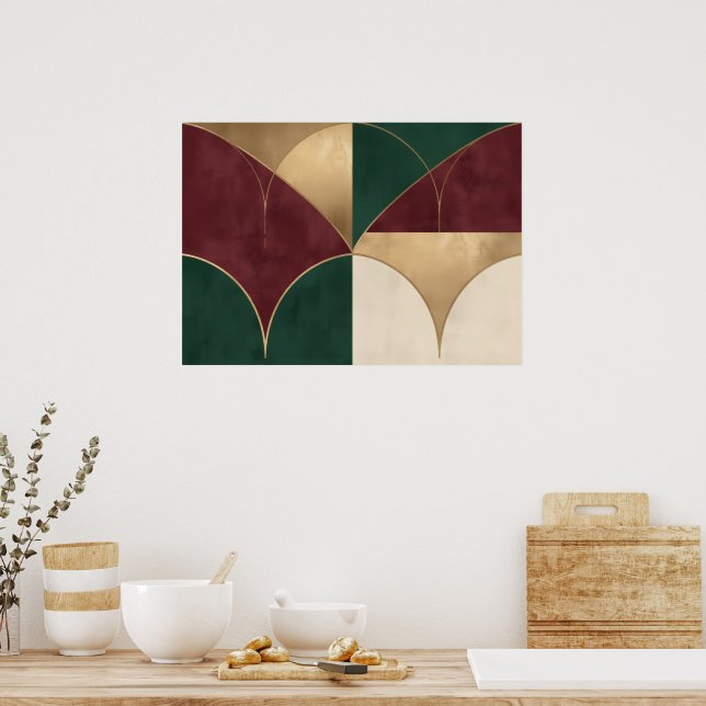 Poster Quarto de Círculo Art Deco Pétala Verde Carmesim D (Cozinha)