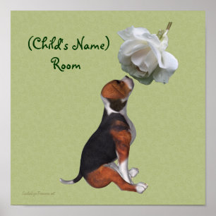 Poster Quarto de Crianças Beagle e Rosa Personalizado