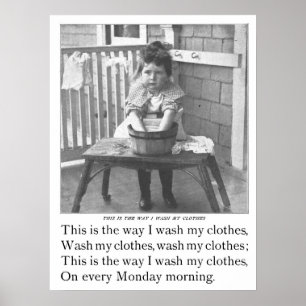 Poster Quarto de Lavanderia Vintage de Menina Lavando Rou