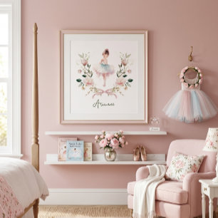 Poster Quarto de Meninas Bailarina com Arco Rosa em Aquar
