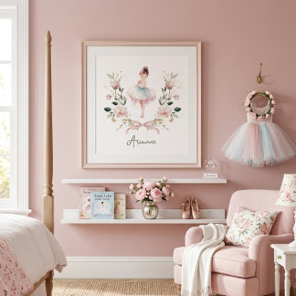 Poster Quarto de Meninas Bailarina com Arco Rosa em Aquar