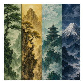 Póster Quatro Estações Montanha | Paisagem de Tinta Japon