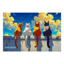 Quatro Gatos Observando o Pôr do Sol