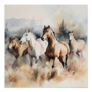 Póster “Quatro Mustangs Selvagens” Aquarela Ocidental Emp