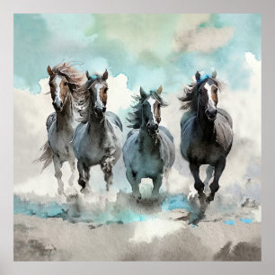 Poster Quatro Mustangs Selvagens Galopam pela Pradaria