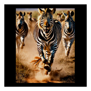 Póster Quatro Zebras Correndo pela Savana Enquanto um